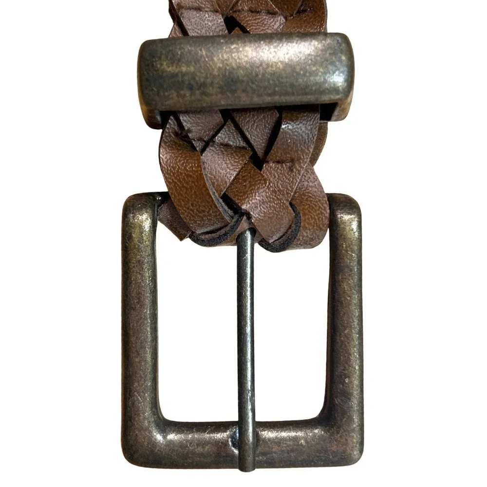 Western Braided‎ Woven Brown Leather Belt Antiqued Brass Buckle Up to Size 31